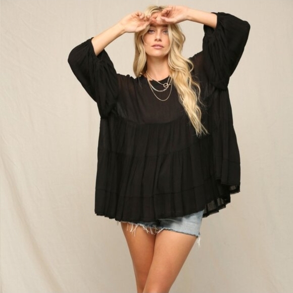 Kye Mi Tops - NWOT Kye Mi Oversized Small BABYDOLL TUNIC BLACK WITH ROUNDED NECKLINE